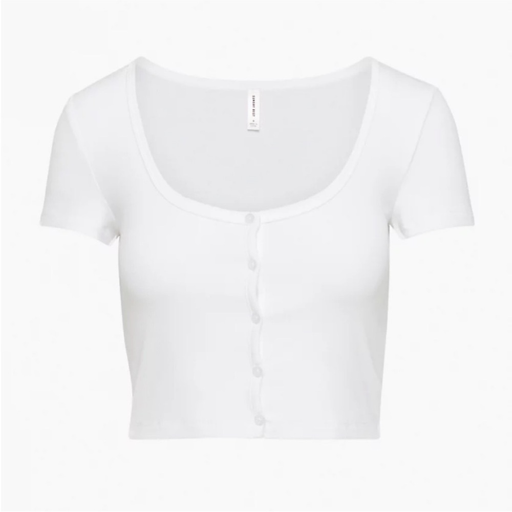 Aritzia Sunday Best Holly Top Button Front Cropped Rib T-Shirt White Crop Top S - Picture 3 of 14